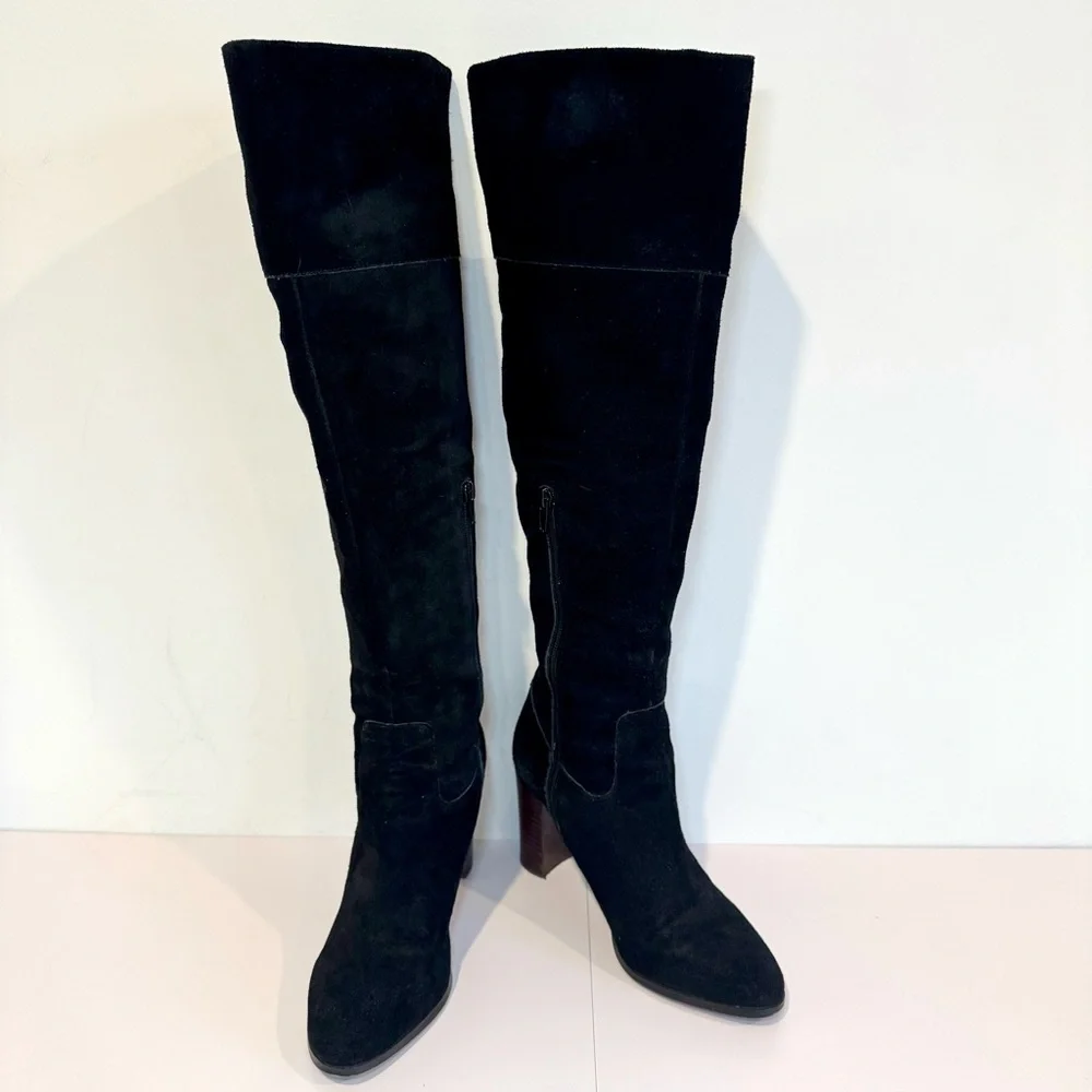 Lord & Taylor 424 Fifth Mikayla Black Suede Knee High Boots W Block Heel, Sz 8.5
